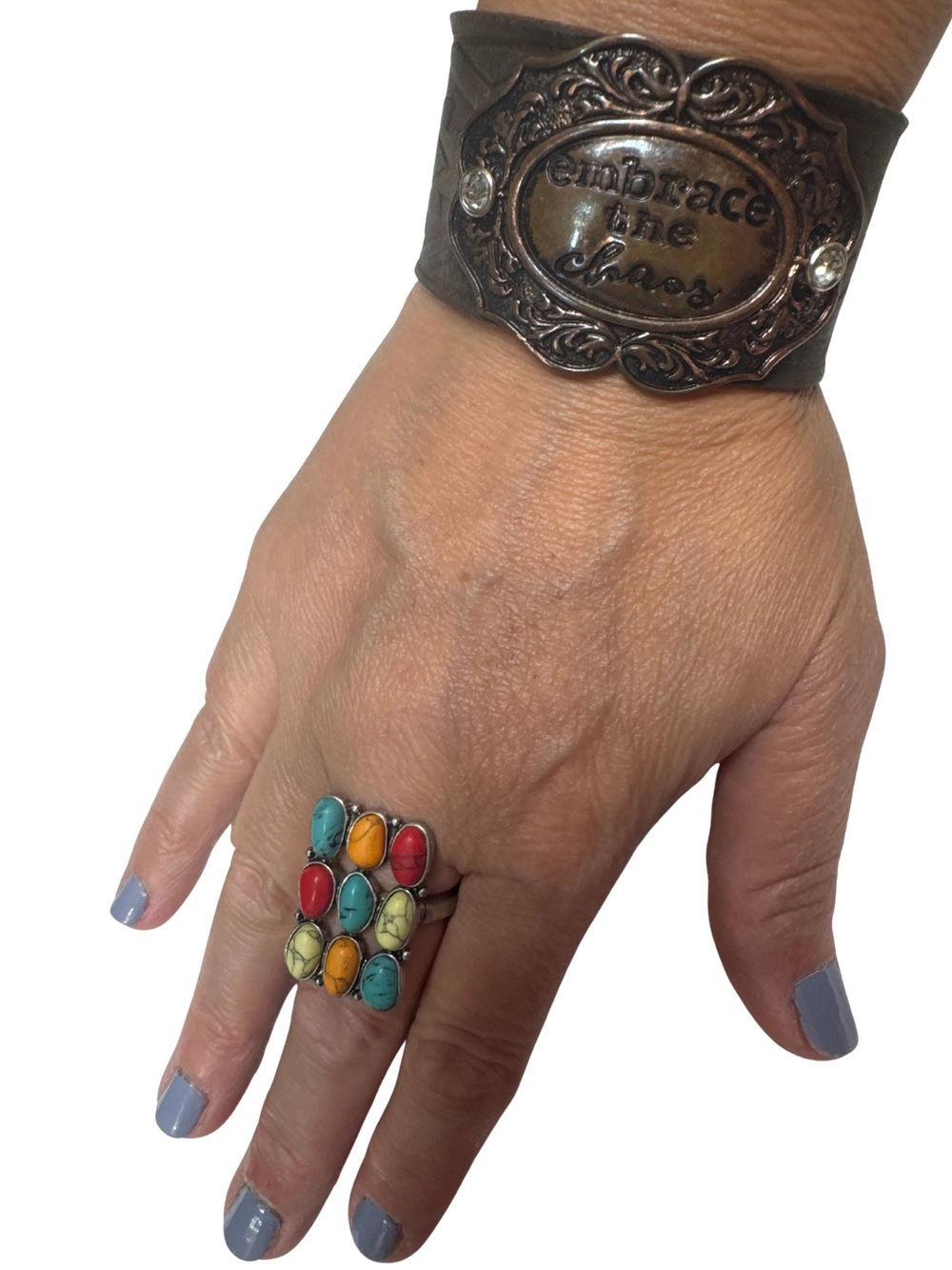 Western Cuff Bracelet & Multicolor Gemstone Cluster Ring - Women Jewelry